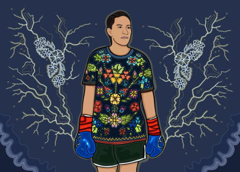 Ilutration of Mary Spencer in boxing gloves and Indigenous designed shirt