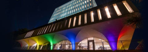 The arches of the Dana Porter Library light up with coloured lights arranged in a rainbow