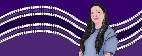 Illustration of Talena Atfield with Two-Row Wampum graphic