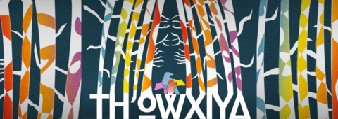 Illutration with colourful trees, with a face looking through, and the title "Th'owxiya"