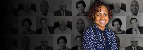 Tisha King with archival photos of Black accounting pioneers