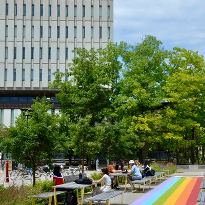 Rainbow path and with students working at picnic tables