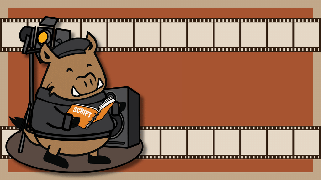 Porcellino in a director's outfit with film reels in the background.