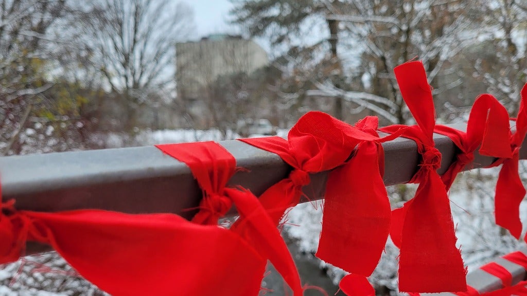 Red ribbons are tied around the rungs of a bridge with DP in the background
