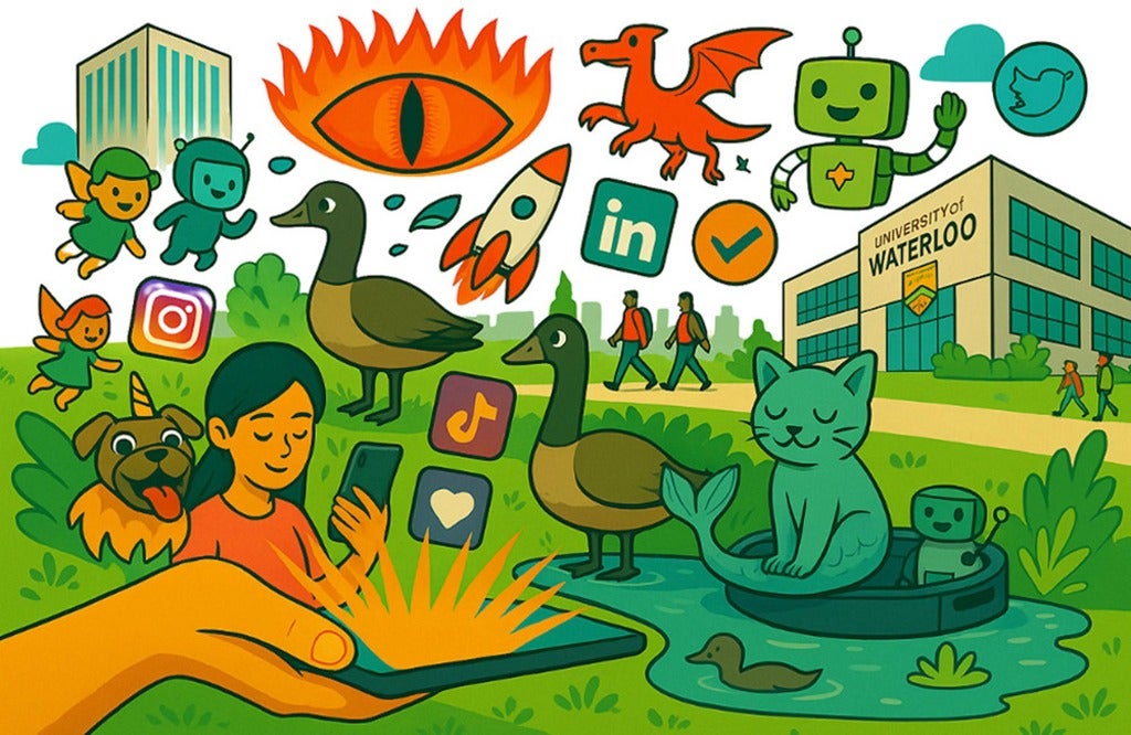 A hand holding a smartphone emits light, surrounded by various icons representing social media and activities. In the background, there are geese, a dragon, a robot, and a cat with a mermaid tail sitting by a pond, with the University of Waterloo building visible. People are walking in the scene.