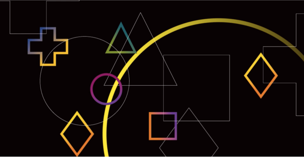 Colourful shapes floating on a black backgrond