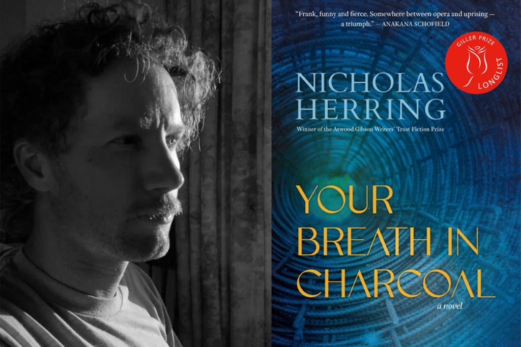A picture of Nicholas Herring and the cover of his book, feauting a blue green illustration of concentric circles