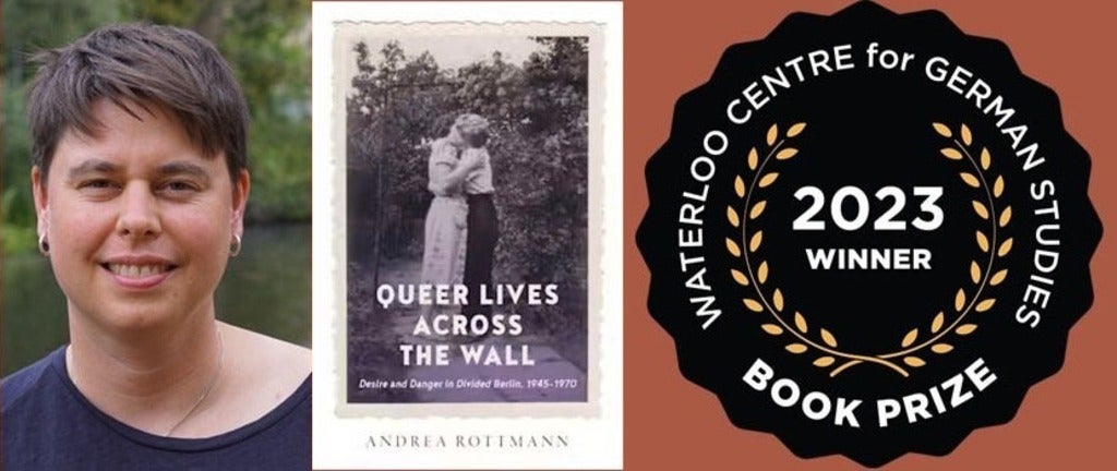 Andrea Rottman, a cover of a book with a 1950s photo of two women embracing, the book prize seal