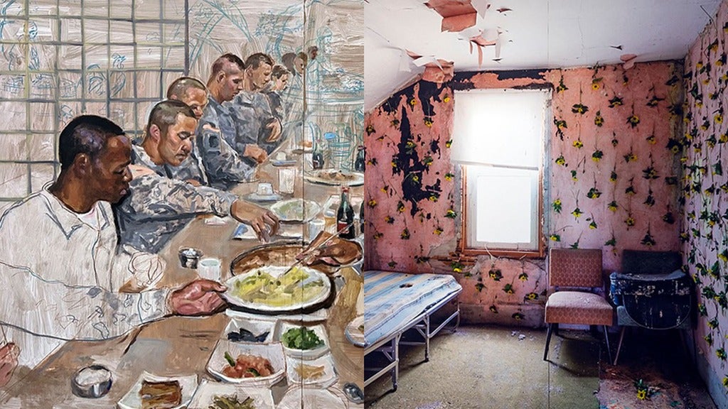 On the right: Close-up view of a unit of multicultural soldiers sitting together eating at a long banquet table. On the left: An image of a derelict bedroom in an abandoned farmhouse with yellow coneflowers taped onto worn pink wallpaper.