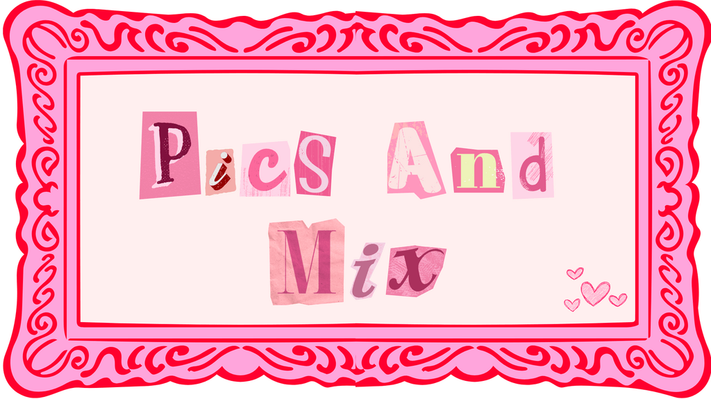 Picture frame with scrapbook letters reading "pics and mix"