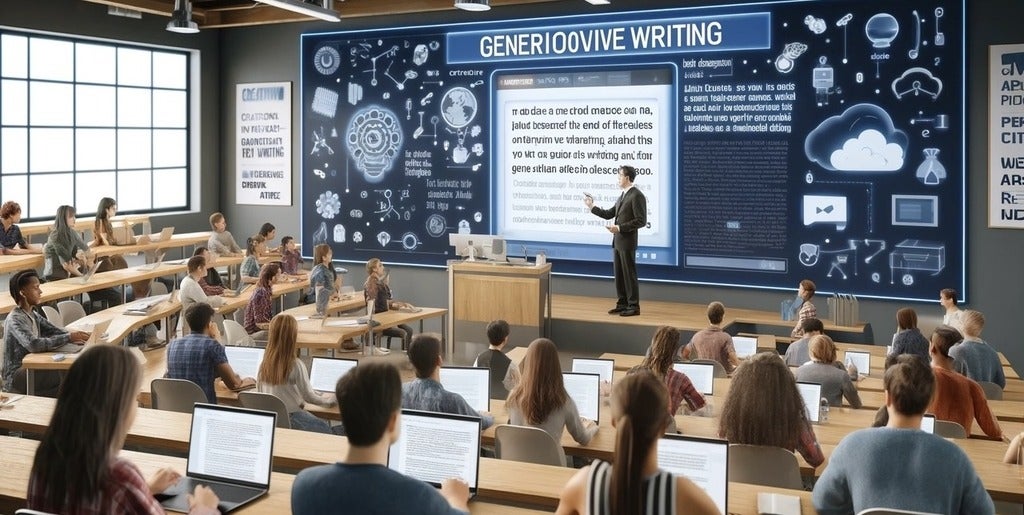 AI-generated image depicting a university classroom where a professor is instructing students on writing after the advent of generative AI