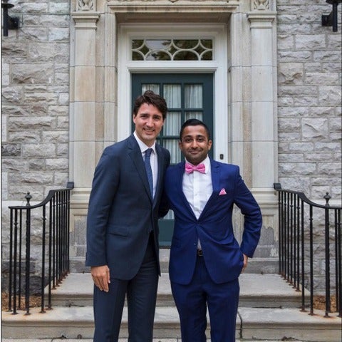 Prime Minister Justin Trudeau smiles with student Zuhair Zaidi