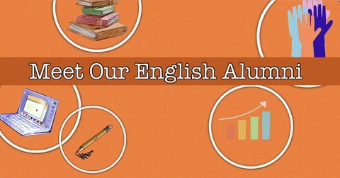 The words 'Meet English Career Alumni' across the image horizontally with various images depicting various careers 