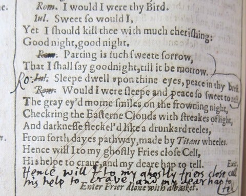 detail of Milton's notes in Romeo and Juliet of the First Folio