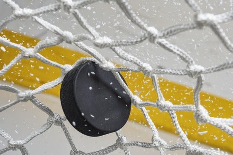 hockey puck in goalie net 