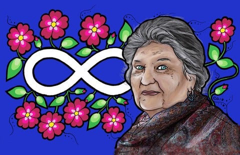 illustration of Maria Campbell with flowers and helix design
