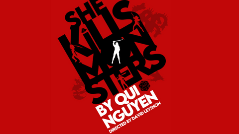 red banner with stylized letters saying She Kills Monsters