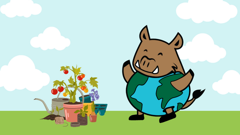 Porcellino with gardening supplies