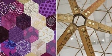 Two details of art work. One is hexagons of purple and white fabric, the other is six wooden rulers arranged in a radiating pattern against metal and glass