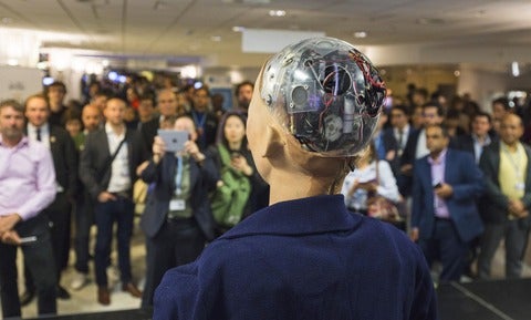 Sophia the robot speaking to crowd at the AI for GOOD Global Summit