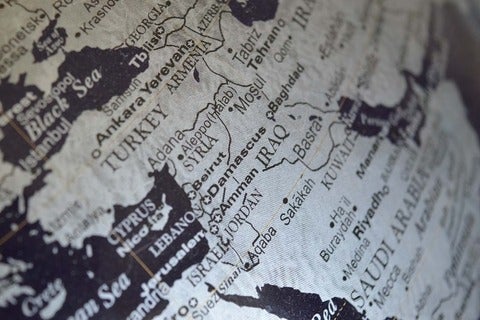 close-up on map of Syria and area