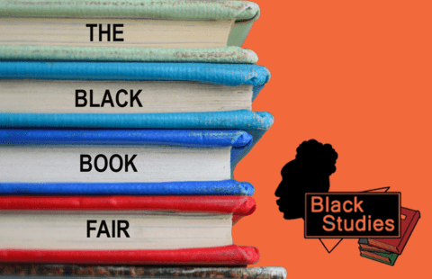 A stack of books and the Black Studies logo
