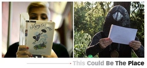 Side by side pictures of people reading in public. One is a young woman reading a novel, the other is a person whearing a black hoodie and a mask reading a pamphlet