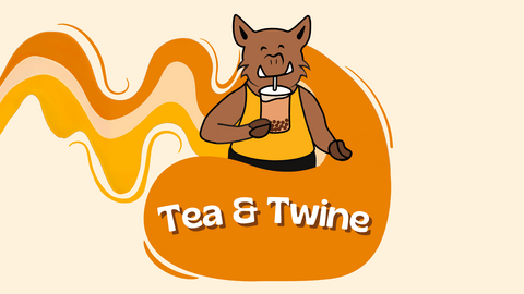 Arts Porcellino Mascot drinking bubble tea. Tea & Twine event