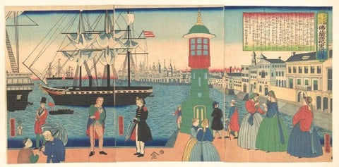 Historical drawing of harbour in Asia