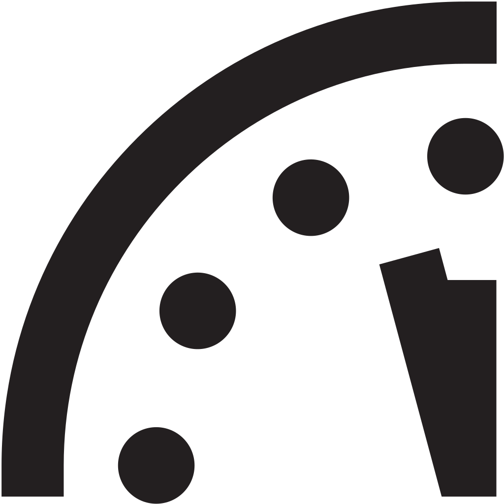 Doomsday Clock image showing 2 minutes to midnight