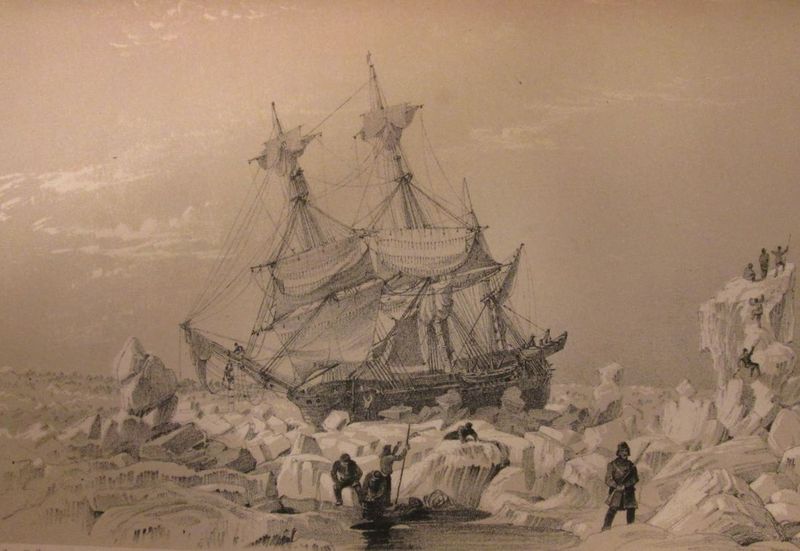 archival illutration of large ship stuck in ice with small human figures around it