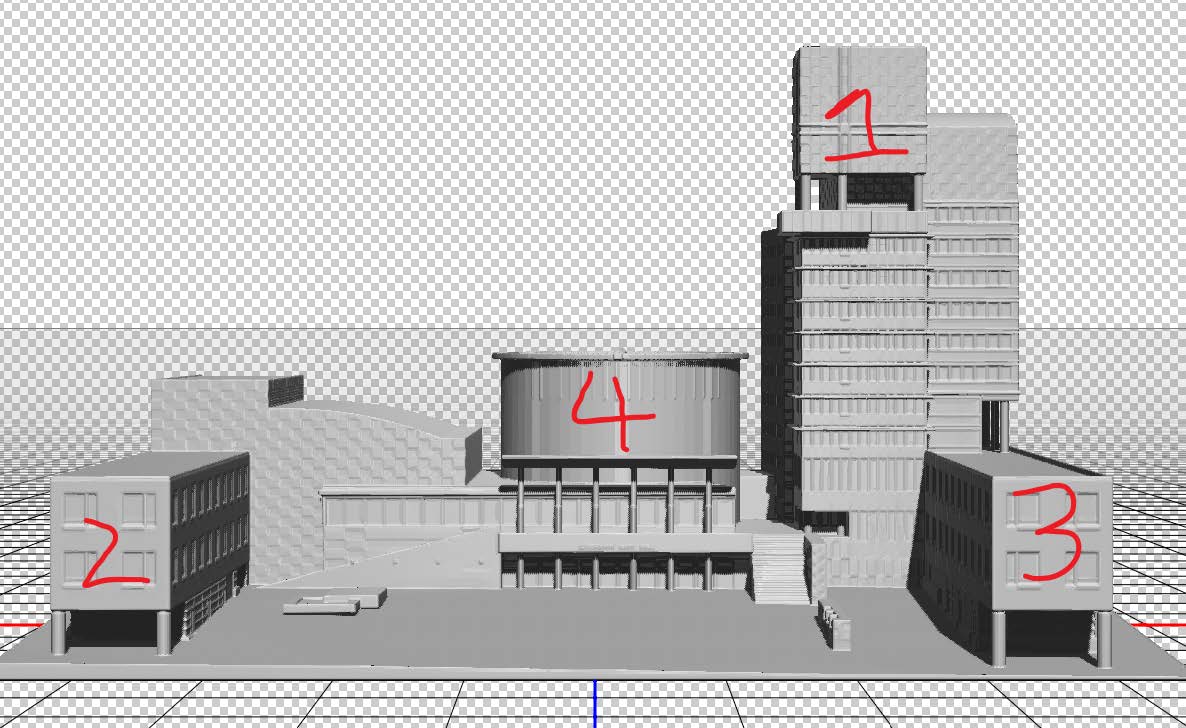3D model of Kitchener City hall showing where the videos would be projected