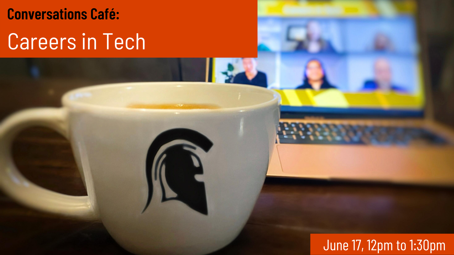 Conversations Cafe: Careers in Tech Waterloo logo on coffee cup with Zoom meeting in background