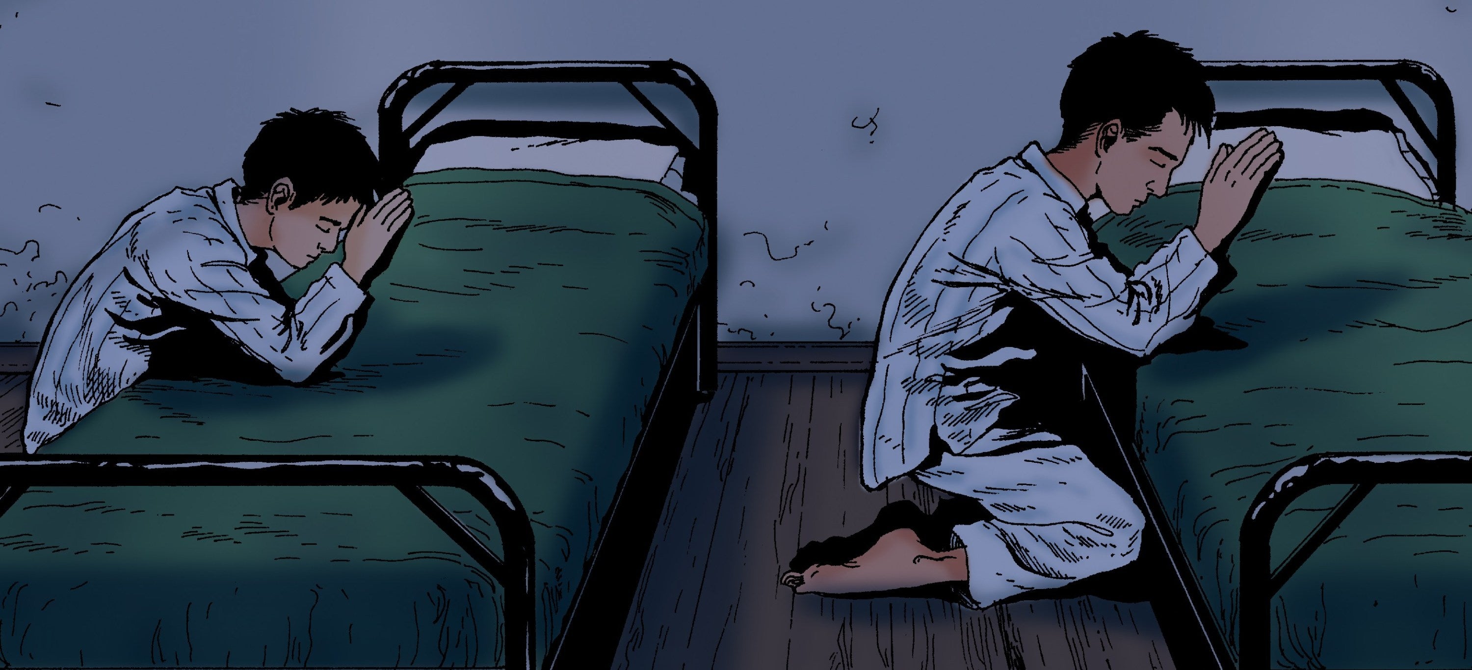 graphic novel  image of Indigenous boys praying at bedside