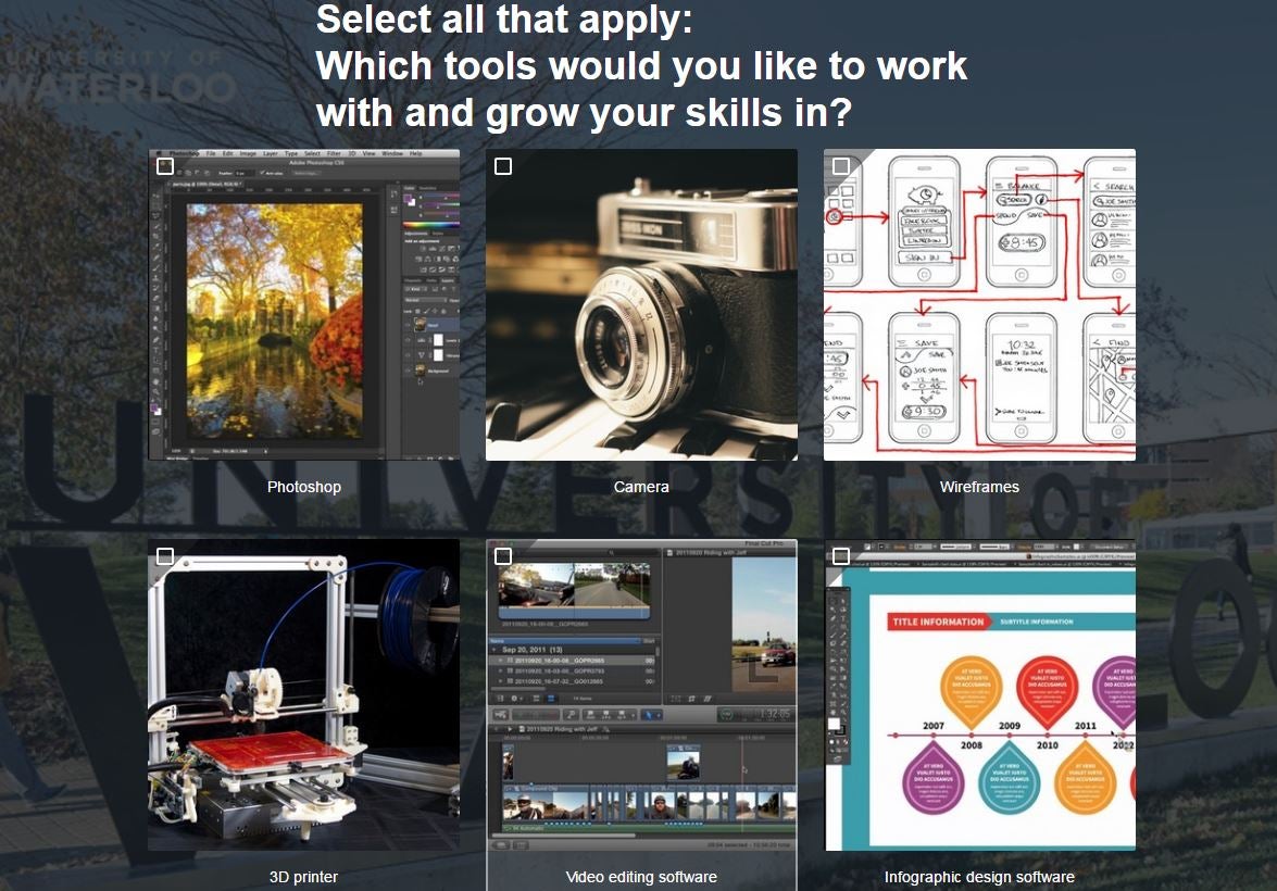 Screen shot of quiz page with picture boxes showing digital media tools