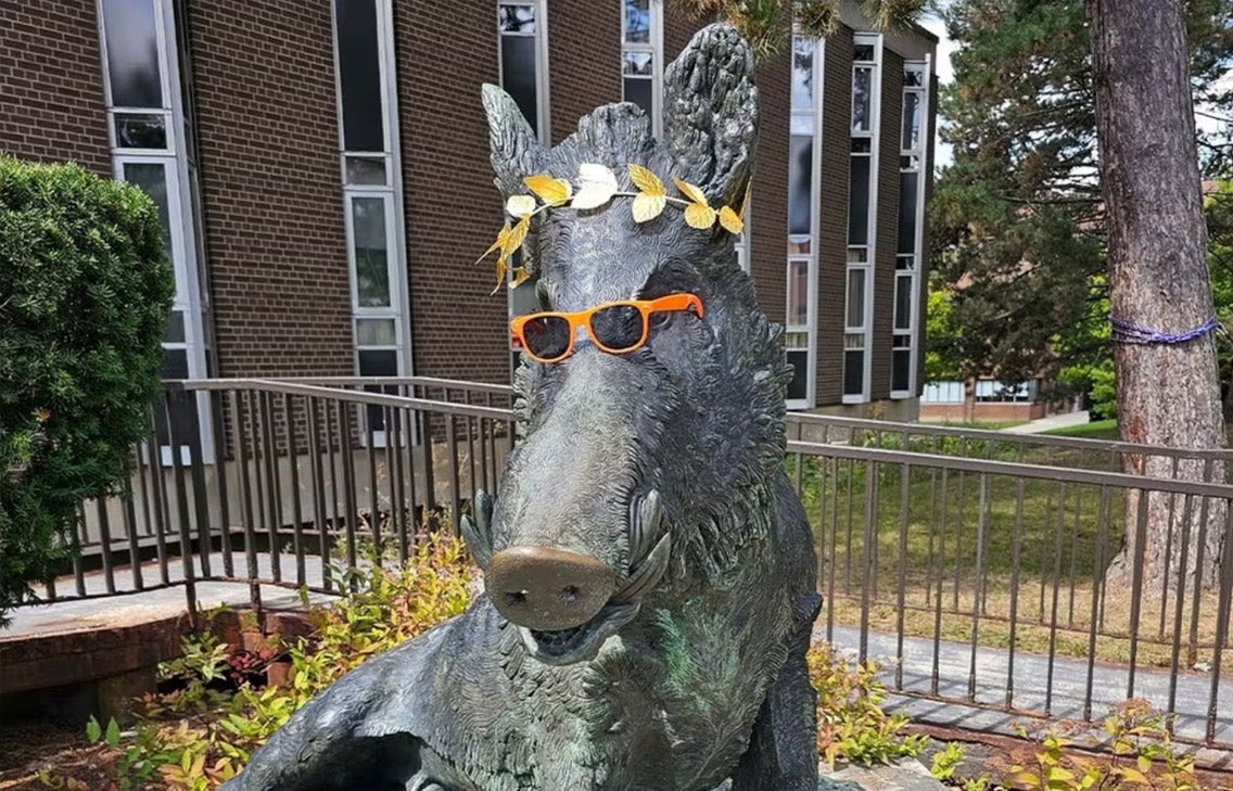 state of a wild boar with orange sunglasses and a crown of golden leaves