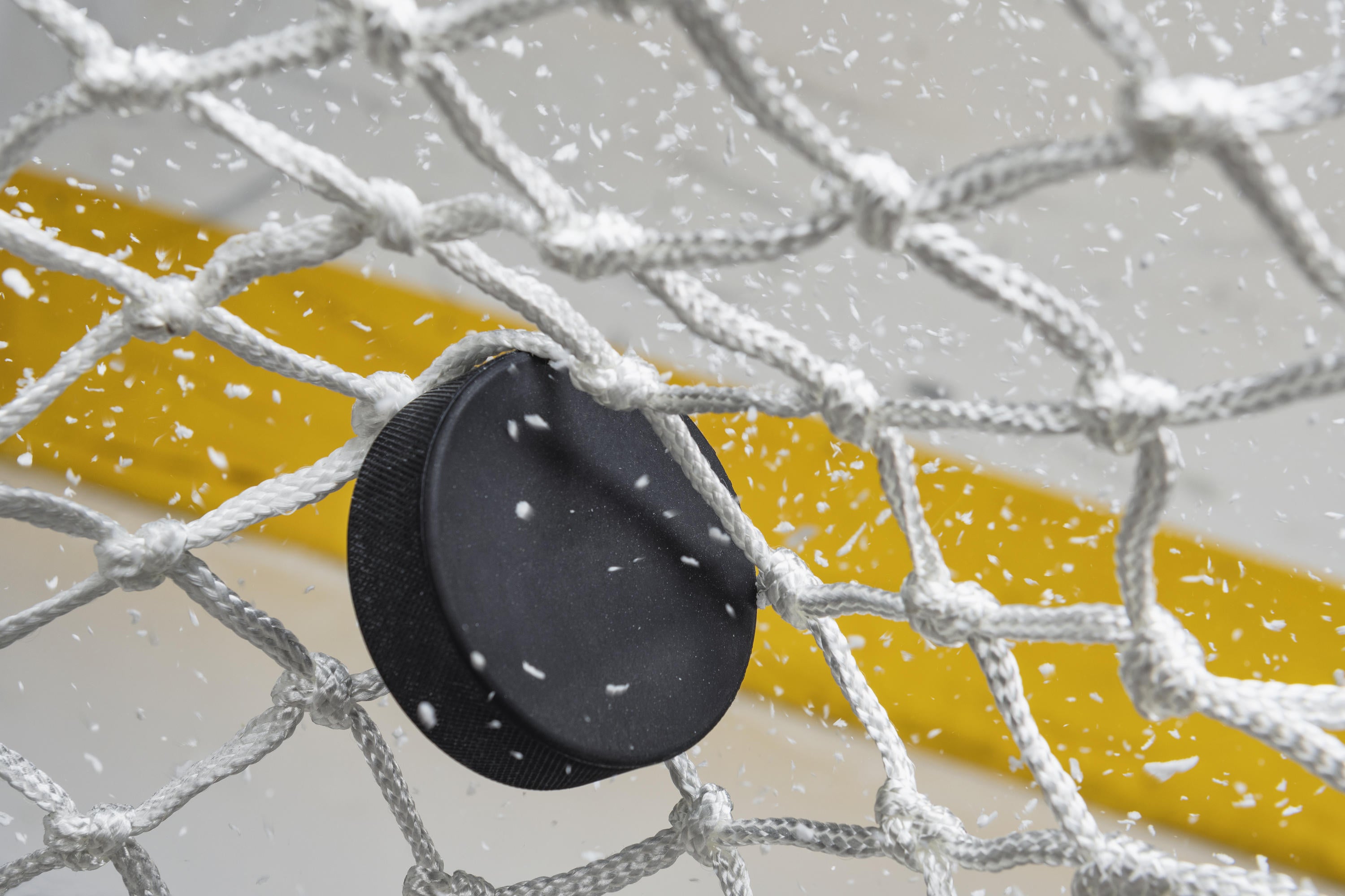 hockey puck in goalie net 