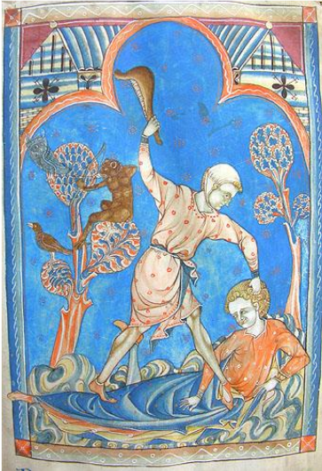  Medieval painting of a man hitting another man with a club