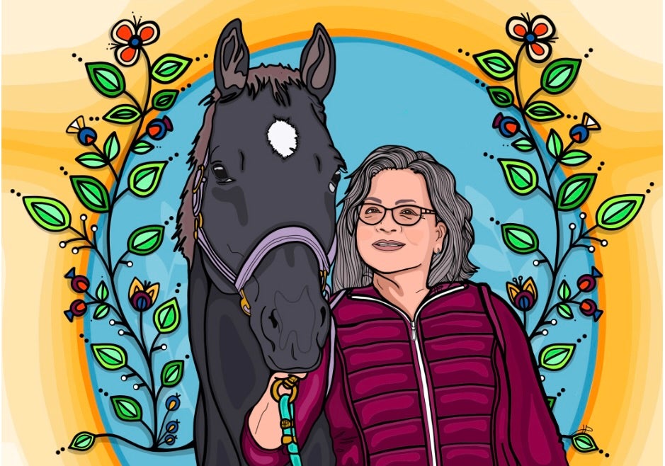 Illustration of Lenore Keeshig and horse