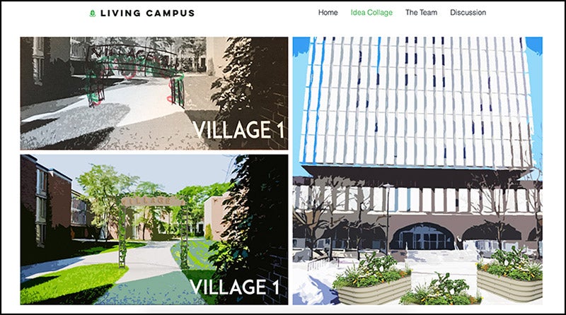 screen shot from the Living Campus website showing Village 1, Village 2 and the Dana Porter library with more plants