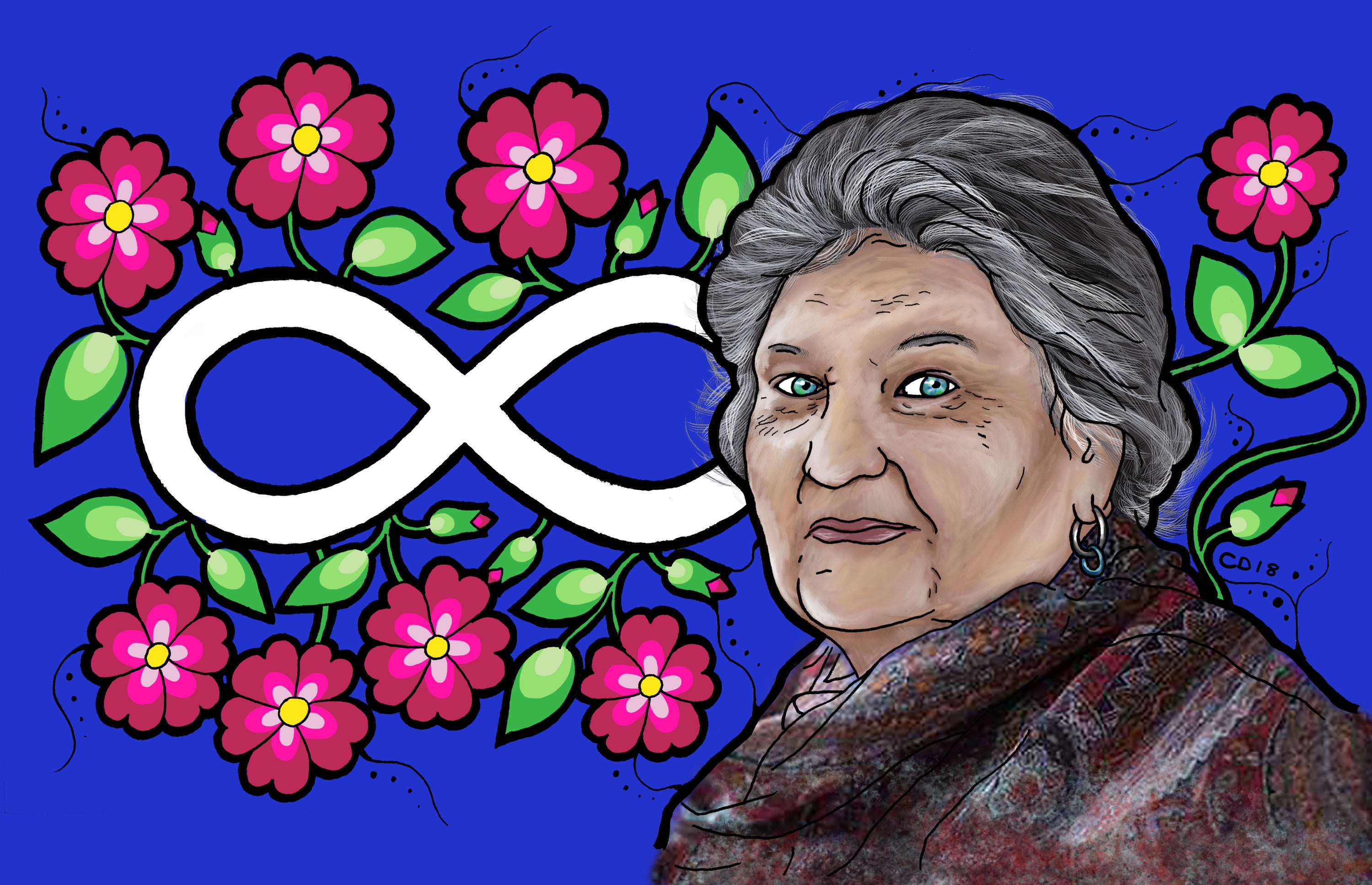 illustration of Maria Campbell with flowers and helix, by Catherine Dallaire.