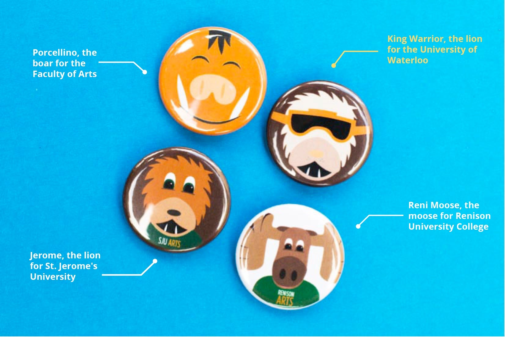 Cartoon button desings showing Porcellino, Renimoose and the St. Jerome's lion