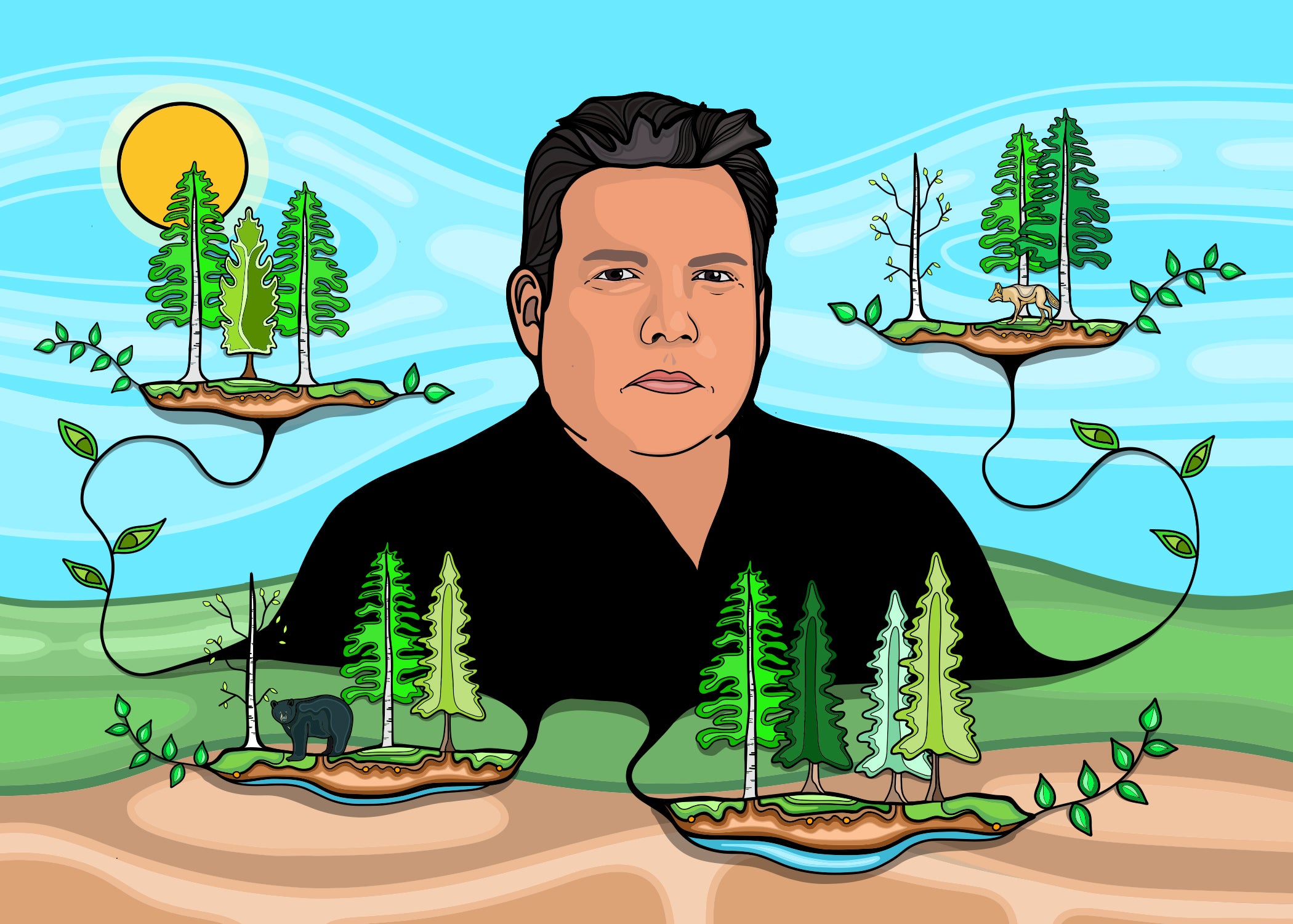 illustration of Niigaan Sinclair surrounded by land and animals