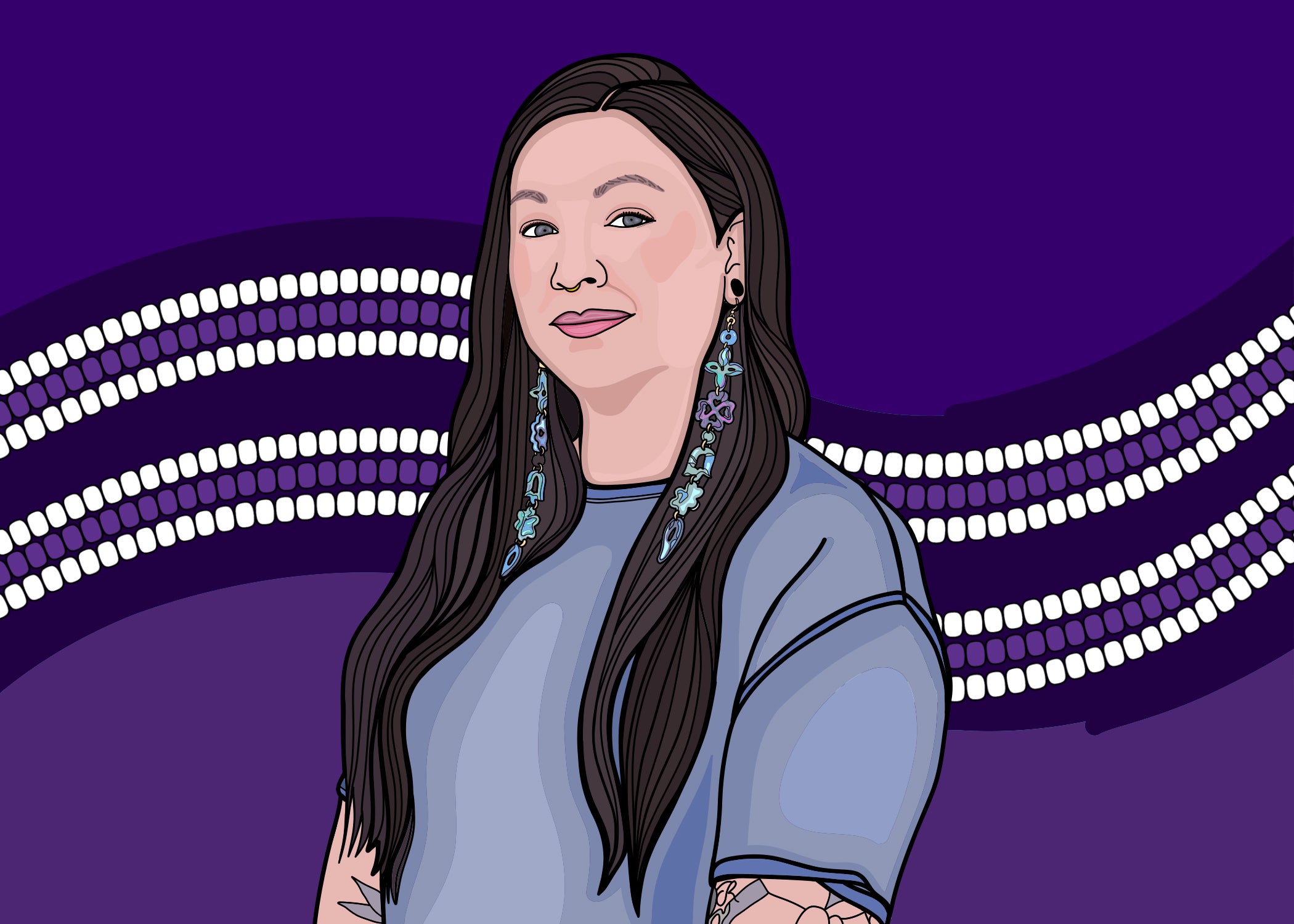 Illustrated portrait of Talena Atfield and Two-Row Wampum in background