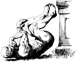 drawing of The Thinker statue tipped over