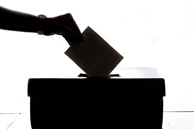 A person puts their vote in the ballot box