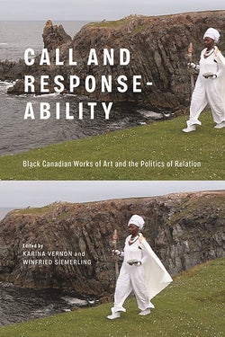 Book cover featuring two image of a Black man wearing loose, white clothes and a turban walking along a coastal cliff