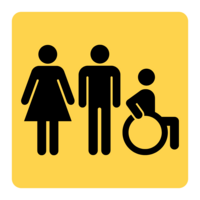 A black icon with three people on a yellow background