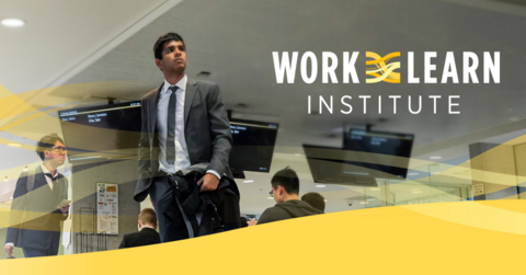 Student in business attire in TC, text over image says Work-learn institute