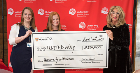 Group of United Way WRC representatives and Co-operative and Experiential Education (CEE) leaders Judene Pretti and Kate Dal Castel receiving the award. 